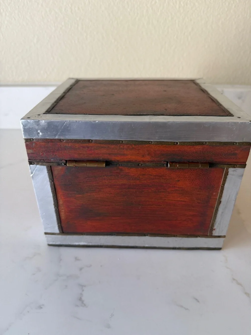 Vintage Handmade Wooden Box with Brass and Aluminum Trim.